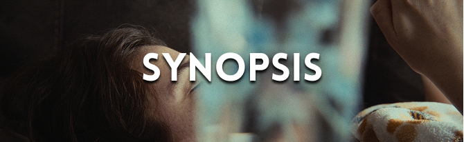 Haley looking at her phone with the words Synopsis in a sans-serif font